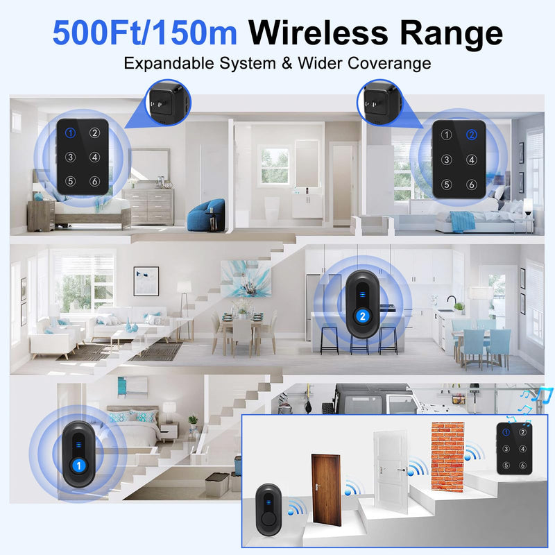 Wireless Caregiver Pager Call Button Nurse Call System 500Ft Range with LED Number Display for Elderly/Patient/Disabled at Home/Hospital/Clinic(6 Waterproof Call Button & 2 Receiver) Black 6+2