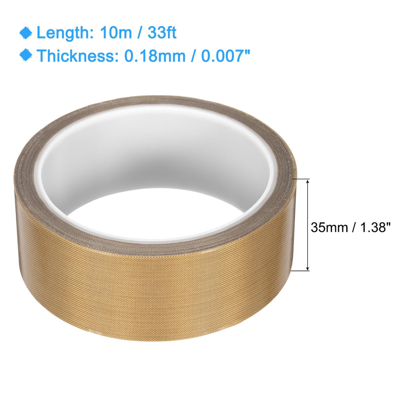 MECCANIXITY 1 Pcs High Temperature Tape 35mm PTFE Coated Fabric Tape Heat Resistant Tape for Vacuum Sealers Adhesive Tape 10m/33ft Brown 0.18mm Thickness 35x0.18mm