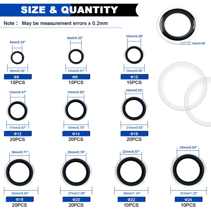 [Australia - AusPower] - 165PCS Bonded Sealing Washers, NBR Metric Zinc-Plated Steel Self-Centred Sealing Rubber Washers, Automotive Seal Gasket Crush O-Ring Assortment Kit Set M6 to M24 165PCS Black Seal Washers 
