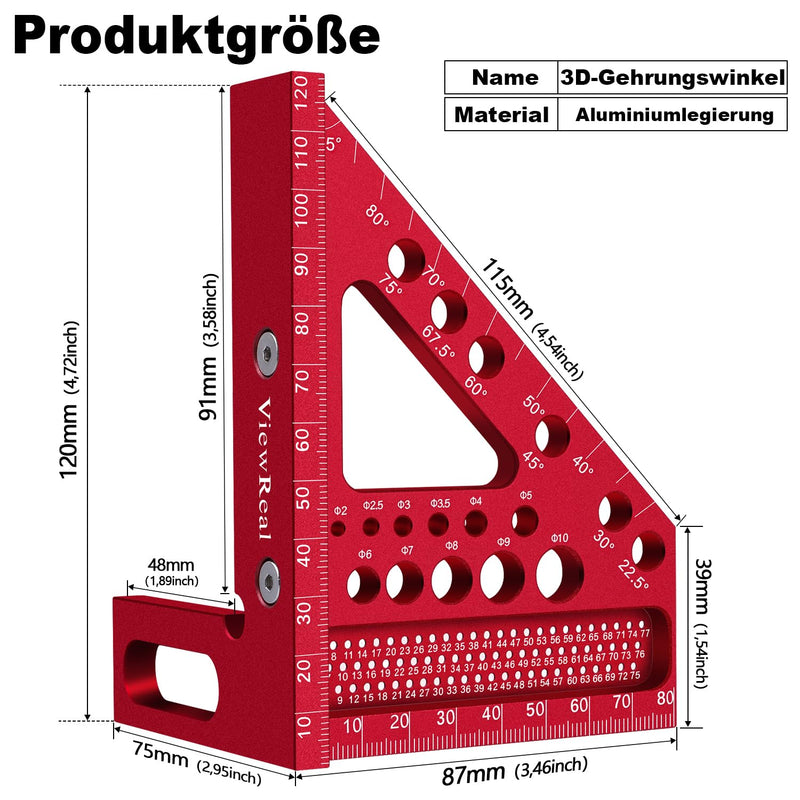 [Australia - AusPower] - 3D Mitre Square Multifunctional 22.5-90 Angle Measure Aluminium Alloy High Precision Layout Measuring Tool Scribing Tool Woodworking Measuring Tools for Carpenters, Engineers Red 