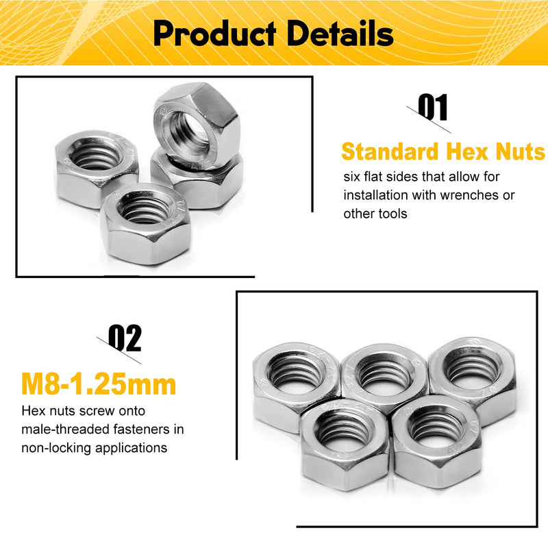 [Australia - AusPower] - M8-1.25 Hex Nuts, 304 Stainless Steel, M8 x 1.25mm Hex Drive, Metric Nuts Fasteners, 13mm/0.5" Width, 6.5mm/0.25" Height, Heavy Duty Replacement Nut with Plastic Case for DIY Home Mechanism 20 Pack M8-1.25 20pcs 