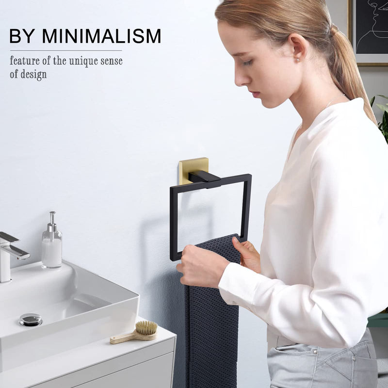 Black and Gold Towel Ring Modern Square Hand Towel Bar,Towel Holder for Bathroom,Wall Mount Stainless Steel Black Gold