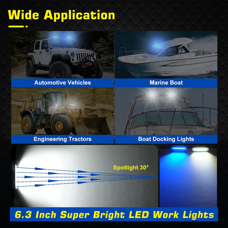 WFPOWER LED Marine Boat Lights, 6.3Inch White & Blue Spreader 2 In 1 Deck Spot Light IP67 Waterproof Double Row T-Top Dock Fog Spotlights for Pontoon Boat Fishing Accessories Truck 12V 24V (2 Pack) Blue & White Light