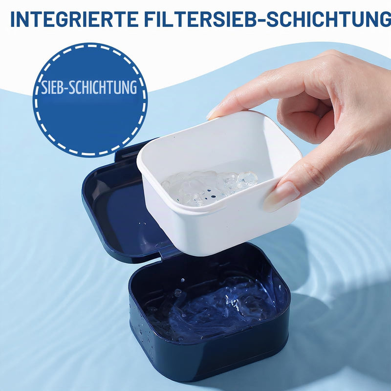 Denture Cup Box, Dental Prosthesis Storage Box with Cleaning Brushes, Denture Box with Strainer, Leak-Proof Prosthesis Box, Portable Denture Box, for False Teeth Storage, Cleaning (Navy Blue)