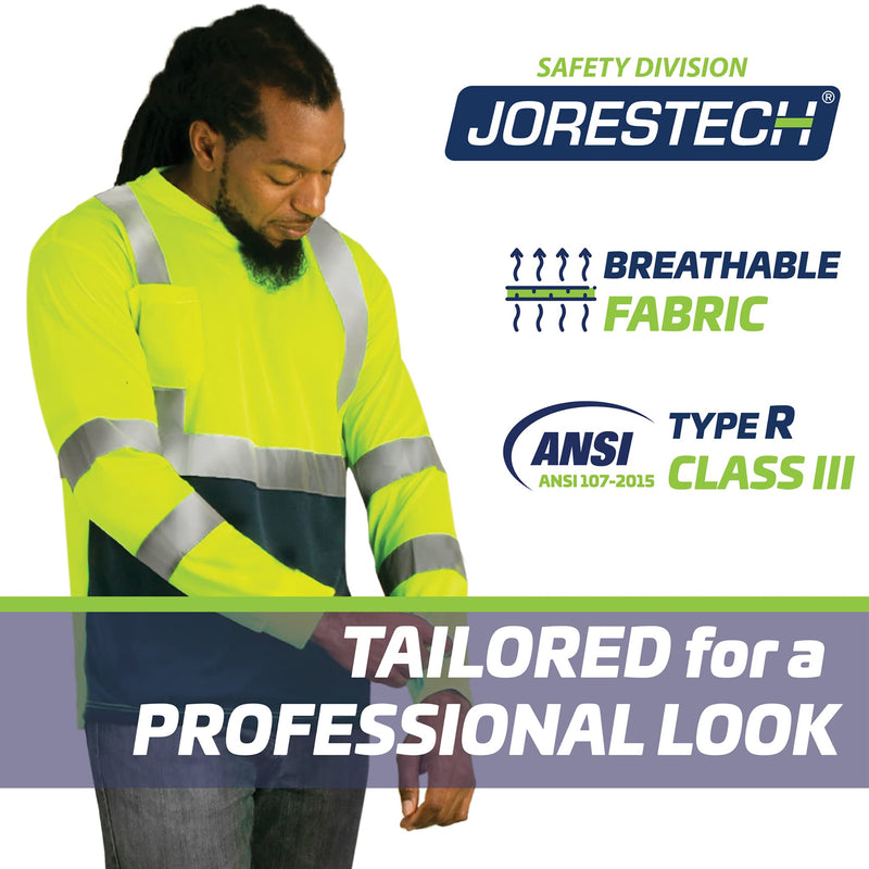 JORESTECH High-Visibility Long Sleeve Safety T-Shirt, ANSI/ISEA 107 Type R Class 3 Compliant, Black Bottom Design, Reflective Tape (TS-13) X-Large Lime/Dark Blue