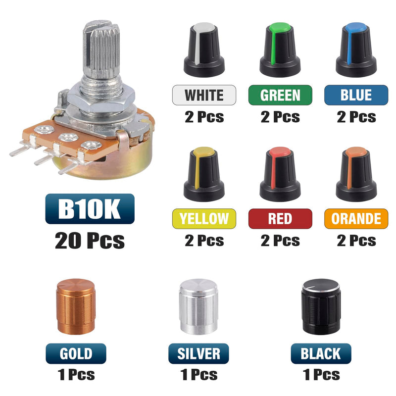 [Australia - AusPower] - WH148 B10K Potentiometer 15mm Shaft 3Pins Variable Resistor 10K Single-Joint Linear Potentiometers with AG2 Plum Knob Cap and Aluminum Alloy Knobs (Pack of 35pcs) 