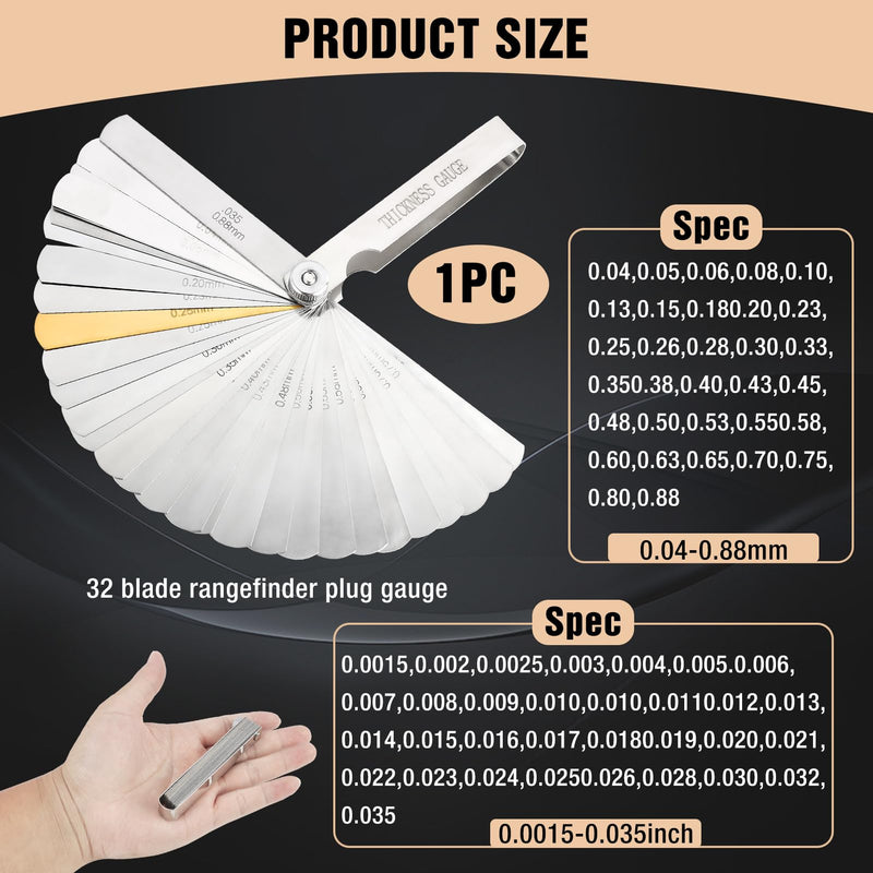 [Australia - AusPower] - 32 Blade Universal Stainless Steel Feeler Gauge, Precision Thickness Gauge for Metric and Imperial Measurements for Valve Game, Spark Plug Gaps and Engine Measurements, Size Range 0.04-0.88 mm 