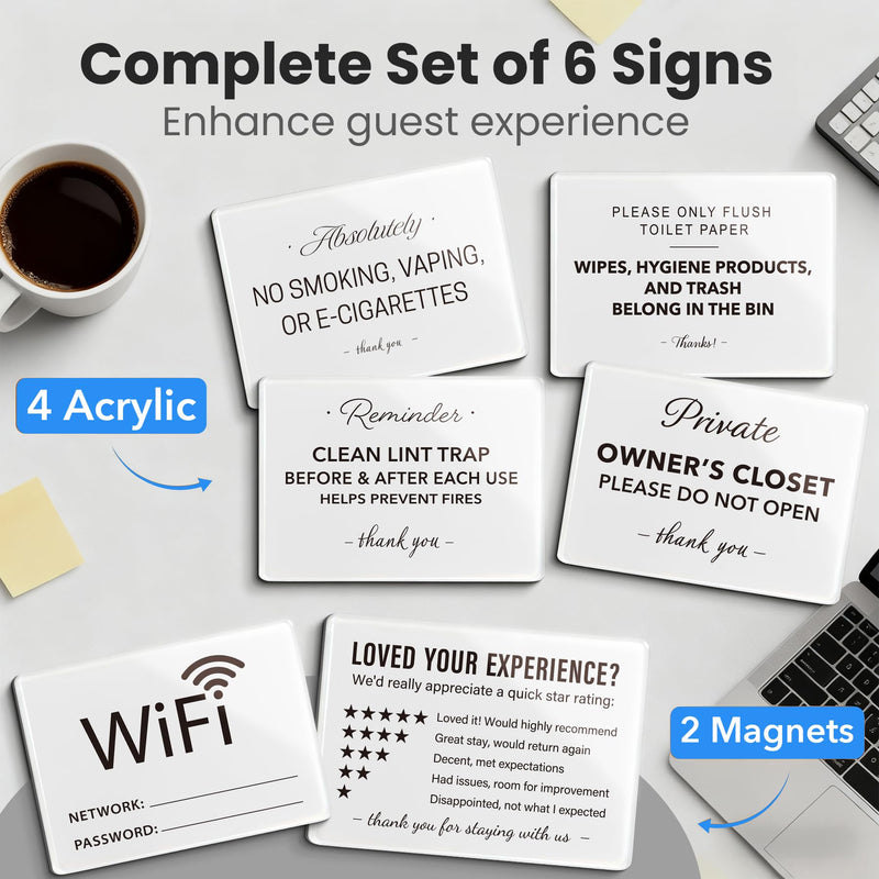 Vacation Rental & BnB Host Starter Kit - 6 Pack (5"x3") - Short Term Home Guest Essentials - WiFi Password, No Smoking, Owner's Closet & Review Signs - Modern Minimalist Black & White Decor Simple