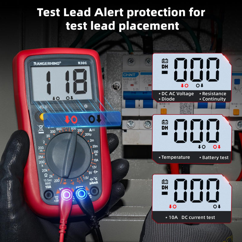 [Australia - AusPower] - Digital Multimeter, DC AC Voltmeter, Temperature, Ohm Volt Amp Test Meter and Continuity Test Diode Voltage Tester for Household Outlet, Automotive Battery Test(Anti-Burn with Double Fuses) 2000 Counts multimeter R30C 