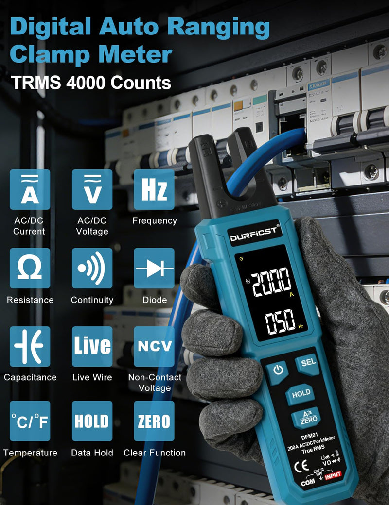 DURFICST Current Clamp TRMS 4000 Counts, Current Meter with 200 A AC/DC & 600 V | Digital clamp ammeter with NCV, capacity measurement, continuity test, temperature measurement