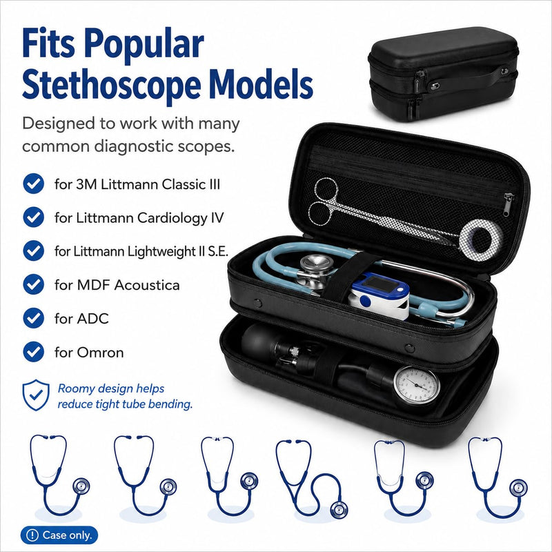 COMECASE Stethoscope Case for Littmann Classic III, Hard Nurse Organizer | Double-Layer Layout Keeps Your Stethoscope, Penlights and Daily Medical Tools Separated for Work Jet Black
