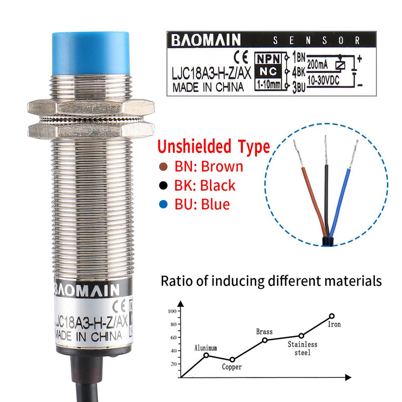 Baomain 1-10mm Capacitance Proximity Sensor Switch NPN NC (Normally Closed) DC 10-30V 200mA M18 3-Wire LJC18A3-H-Z/AX