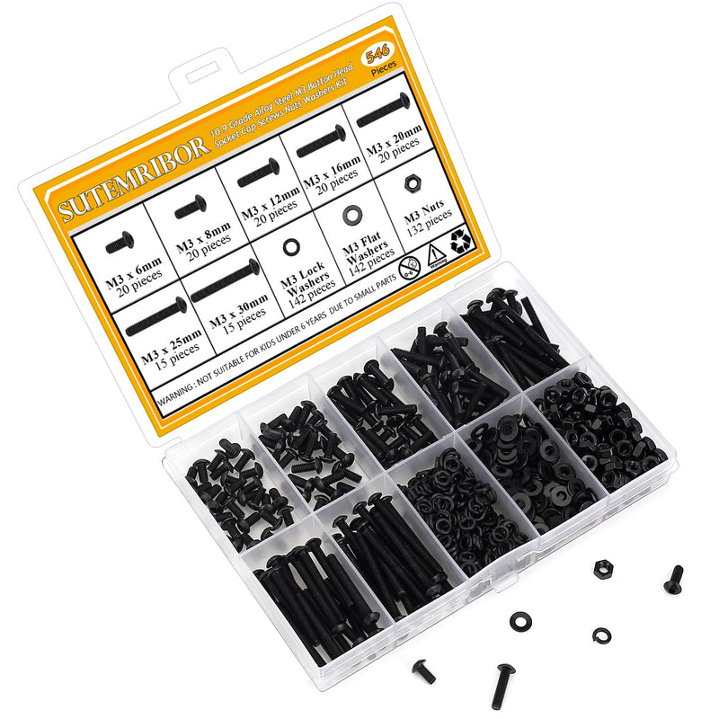 [Australia - AusPower] - 546 Pieces M3 Screws Nuts Washers Set Black, Sutemribor M3 x 6/8/12/16/20/25/30mm Button Head Socket Cap Screws Nuts Washers Assortment Kit, 10.9 Grade Alloy Steel, Fully Threaded 