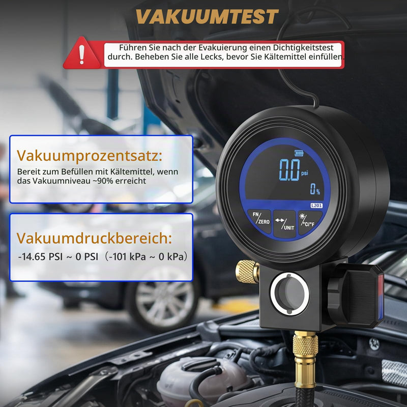 Digital Air Conditioning Pressure Gauge, Pressure Vacuum and Leaks | Refrigerant filling, compatible with 24 refrigerant types R32 R1234yf R134a, ±0.5% FS accuracy, digital vacuum gauge