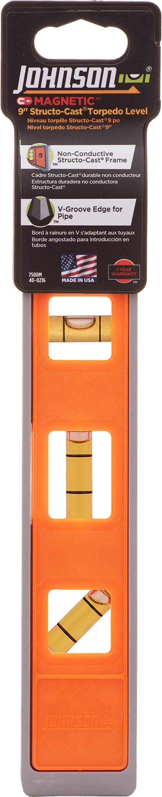 [Australia - AusPower] - Johnson Level & Tool 7500M Magnetic Structo-Cast Torpedo Level, 9", Orange, 1 Level 