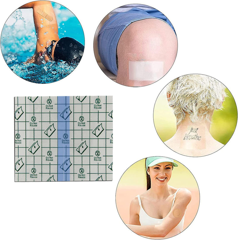 100Pcs Transparent Stretch Adhesive Bandage, BetterJonny 5 Sizes Waterproof Clear Adhesive Bandages Disposable Tattoo Bandage Stretch Bandage Tape for Swimming and Shower Assorted Sizes: 2/3/4/4.8/6 Inch (100 Pcs)