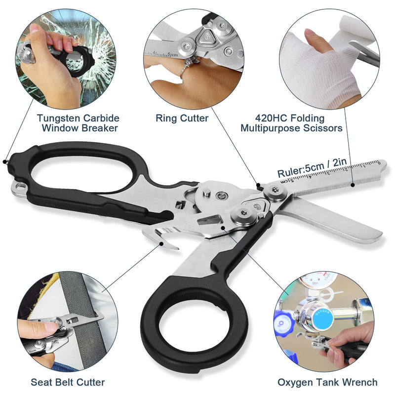 [Australia - AusPower] - 6 In1 Multifunction Emergency Response Shears, Stainless Steel Foldable Trauma Shears with Strap Cutter and Glass Breaker,Medical Scissors with Holster and Penlight 