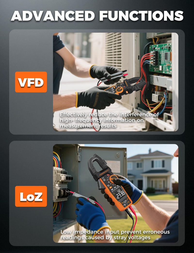 [Australia - AusPower] - Digital Inrush Clamp Meter, CM06 Clamp Multimeter, T-RMS 6000 Counts 600A Amp Meter with VFD, LOZ, Measures NCV, AC/DC Voltage Current, Continuity Capacitance Frequency Resistance 