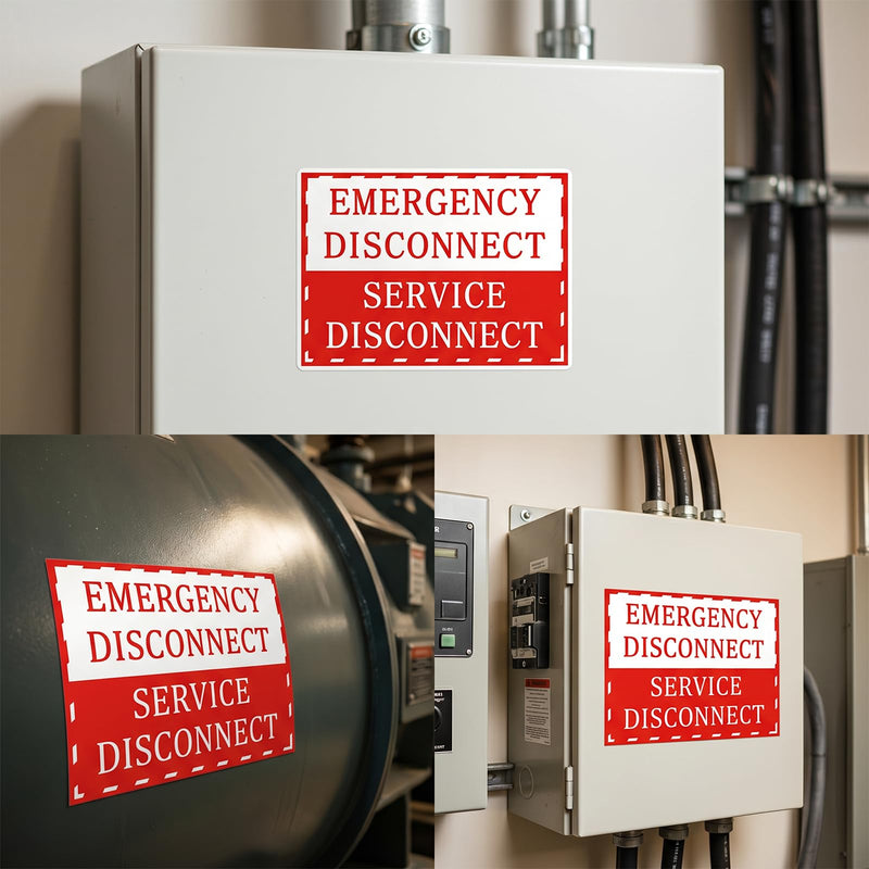 12PCS NEC Compliant Emergency Disconnect Stickers, 5x3.5 Inch Self-Adhesive Warning Labels, Waterproof Vinyl Electrical Service Disconnect Notice for Indoor Outdoor Use