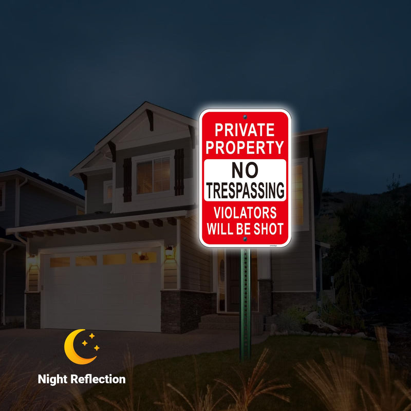 2 Pack Large Private Property No Trespassing Sign, Violators Will Be Shot Sign, 18"x12" Engineer Grade Rust Free Reflective Aluminum, Fade/Weather Resistant, UV Protected, Easy to Install Red-18"x12"