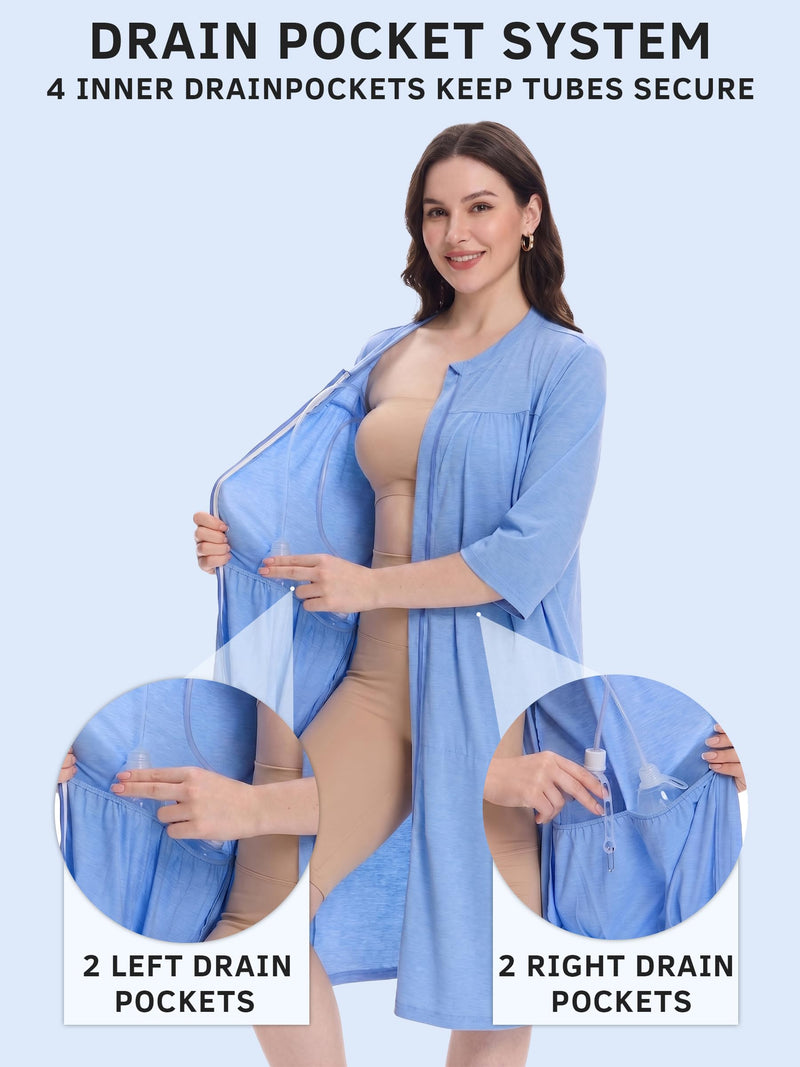 Women's Post Surgery Robe with Drain Pockets Mastectomy Recovery Robe Front Zipper Hospital Gown Pajamas Gift 3X-Large Dusty Blue