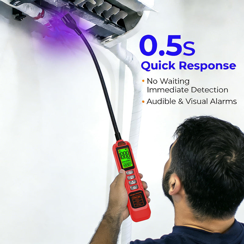 [Australia - AusPower] - Professional Halogen Gas Detector with 180° Flexible Probe, Digital Refrigerant Leak Detector for R22, R32, R134a, LCD Display, Ultraviolet Detection, 30CM Probe Length RED1 