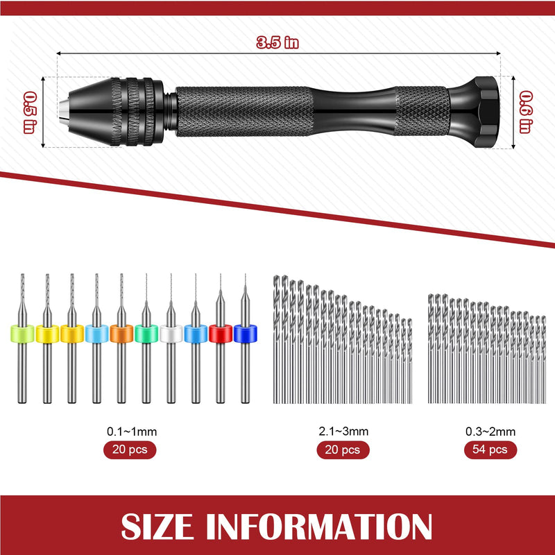 [Australia - AusPower] - 95 Pieces Hand Drill Bits Set, Black Pin Vise Hand Drill, 74 Pieces Micro Twist Drill Bits and 20 Pieces PCB Mini Drill Bits for Resin Polymer Clay Craft DIY Jewelry (0.1-1mm, Random Color Bits) 