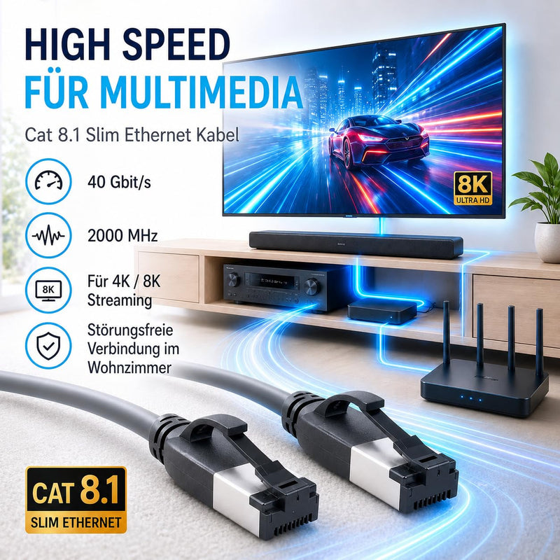 1aTTack.de 5 m Cat 8.1 LAN Cable Network Cable (Pack of 1) Cat 8 Ethernet Cable with RJ45 Connector Slim and Thin with 40 Gbps Transfer Rate Black 5.0 m 1 piece black 1