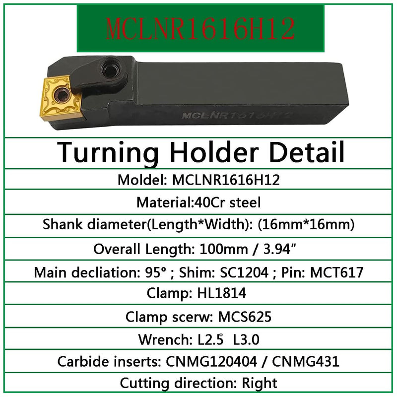 [Australia - AusPower] - 5/8" Lathe Excircle Indexable Carbide Lathe Tool Holder MCLNR1616H12 + Metal Lathe Internal Drill Rod S16Q-MCLNR12 + Indexable Carbide Turning Inserts CNMG431 (CNMG120404) 