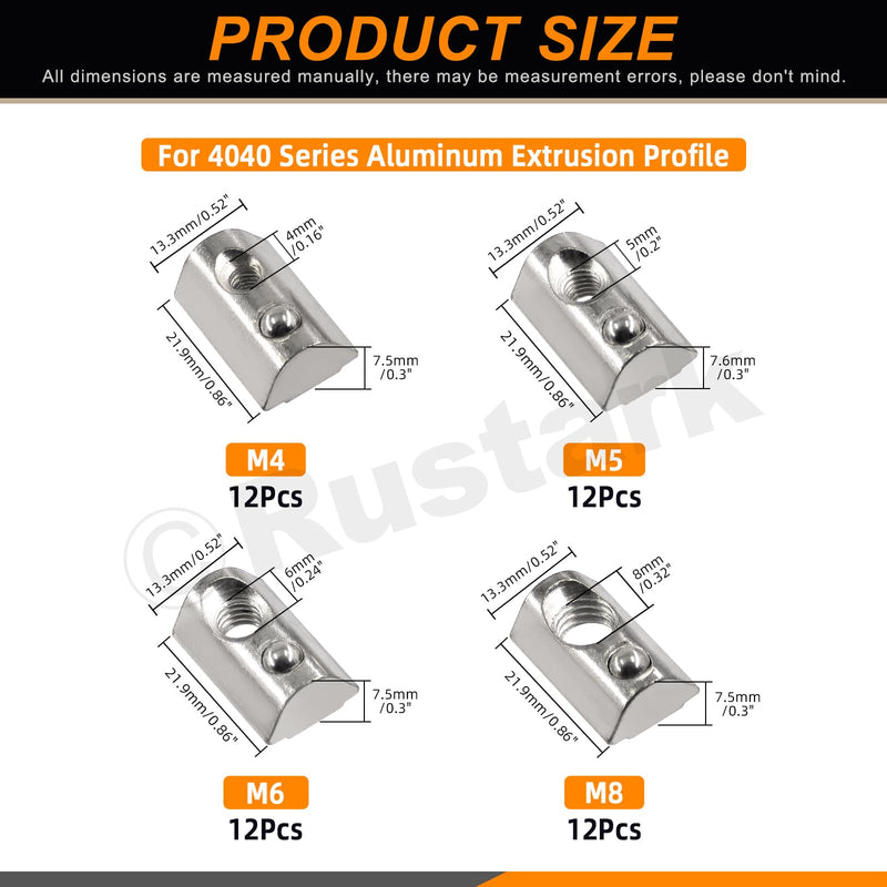 [Australia - AusPower] - 48pcs 4 Sizes Carbon Steel Roll in T-Nuts Roll in T-Nut with Ball Spring Roll Ball Elastic Nuts T Slot Nuts T Spring Nuts for 4040 Series Aluminum Extrusion Profile Rail 3D Printer CNC Router 40 series 4 sizes 