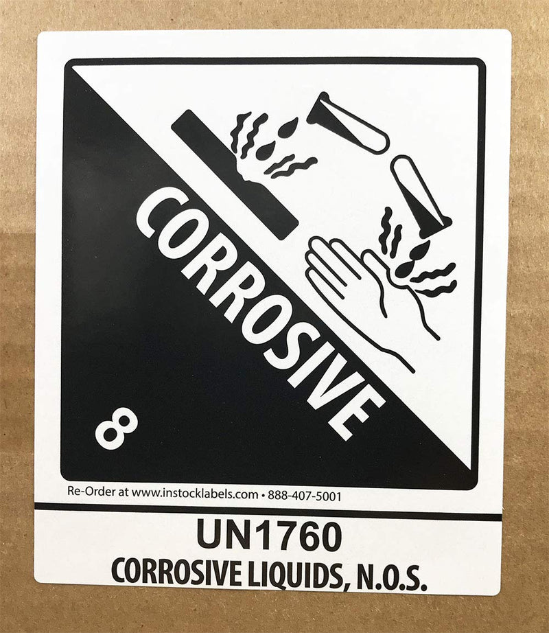 Hazard Class 8 D.O.T. UN1760 Corrosive Liquids N.O.S. Labels, 4 x 4 3/4 Inch Square Black and White Hazmat Stickers, 500 Adhesive Shipping Labels – Made in the USA