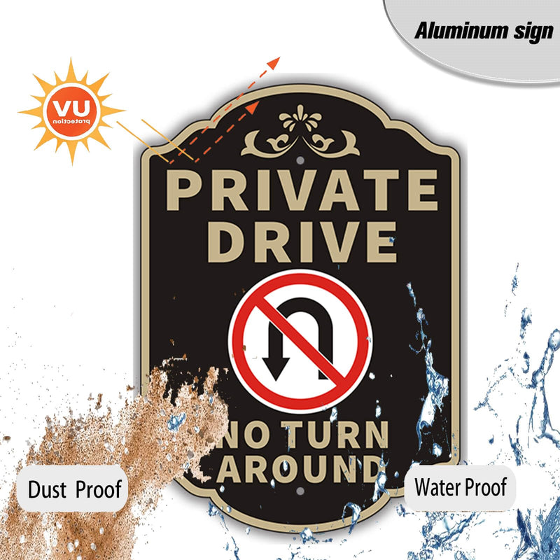 Large Private Drive No Turn Around Sign, 14”x10” Private Road Reflective Warning Signs with 36”Strong Steel Stake Rust Free Heavy Duty Aluminum Easy Installation for Outdoor Use No turn around-Black