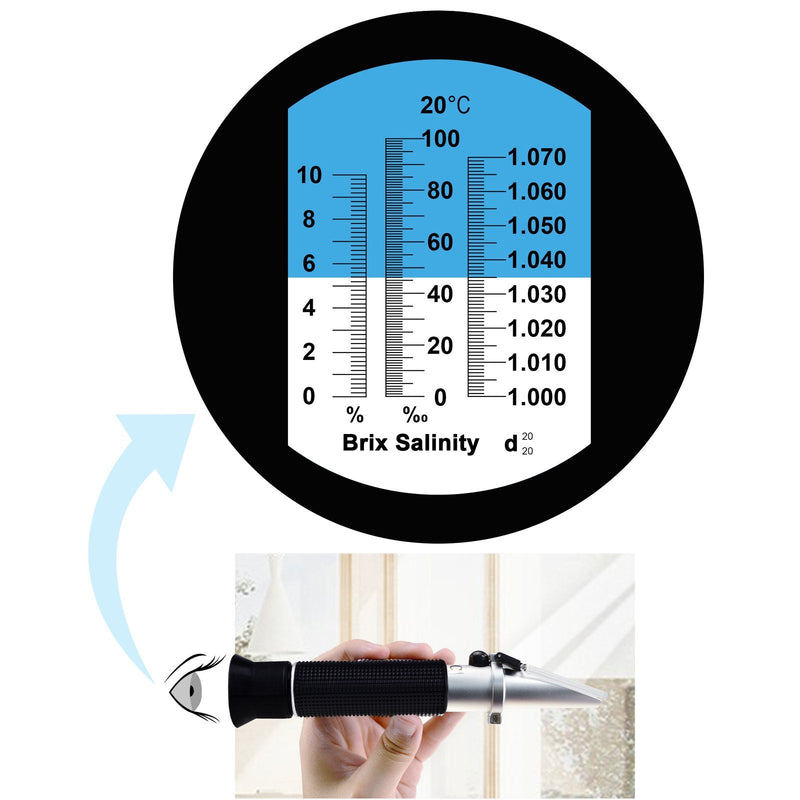 [Australia - AusPower] - Tri-Scale Refractometer ATC Brix 0-10%/ Salinity 0-100PPT/ Specific Gravity 1.000-1.070, for Saltwater Brackish Marine Reef Tank Salt Sea Water Hydroponic Aquarium Control Monitoring 