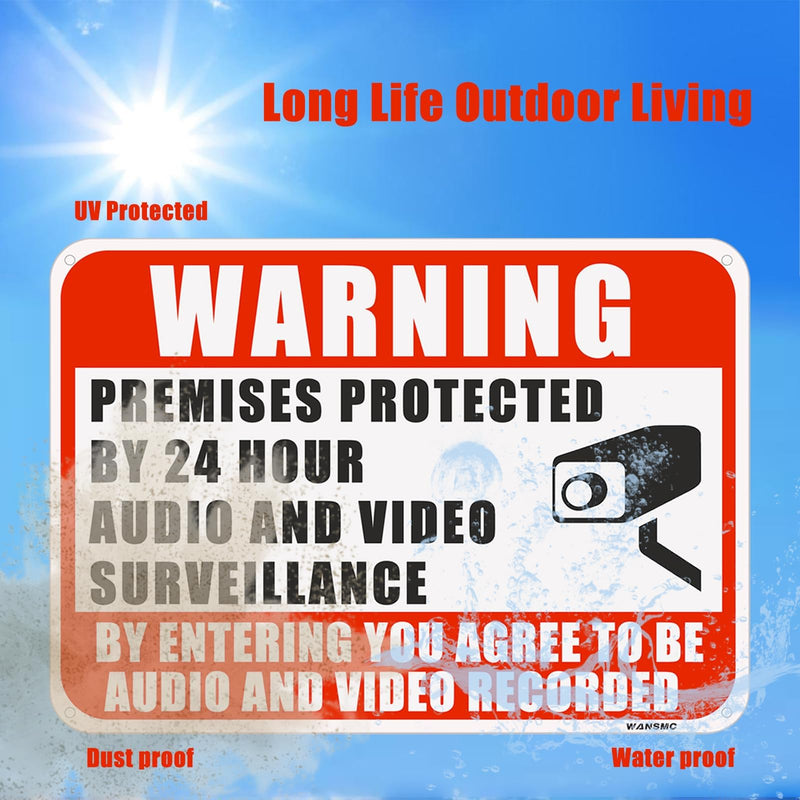4PC Warning Premises Protected By 24 Hour Audio And Video Surveillance, 10 x 7 Inches - Aluminum - You are Being Recorded Camera In Use Monitoring Signs, Easy to Mount Red 4PC