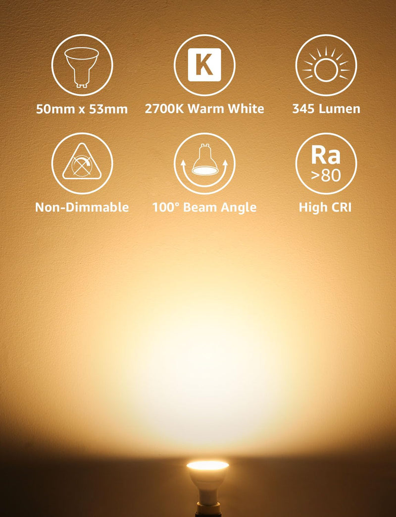 Lepro GU10 LED Warm White Bulbs, 4.5 W, 345 lm, Not Dimmable, Pack of 5 | 100° beam angle, 2700 K warm white, flicker-free, energy-saving LED bulb for living room, kitchen, office