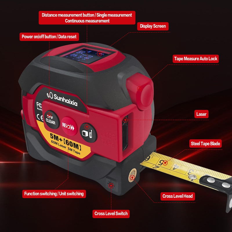Laser Tape Measure 3 in 1 with Laser Level Crosshairs |196ft/60m Laser Distance+16ft/5m AutoLock Tape |Backlit LCD Display (Ft/Inch/M/mm) |for DIY,Construction, Interior Design (Red) Red