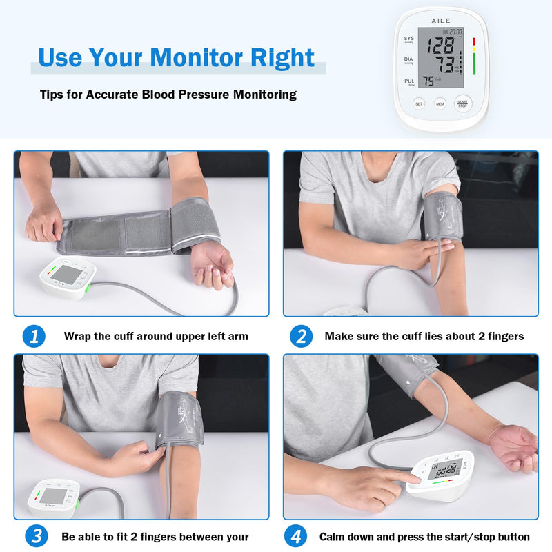 [Australia - AusPower] - Blood Pressure Monitor, AILE Blood Pressure Machine Upper Arm Large Cuff(8.7"-16.5"), High Automatic Blood Pressure Monitors Cuff for Home Use, (BP) Manual Arm Blood Pressure Monitors, 2 * 99 Memory White 