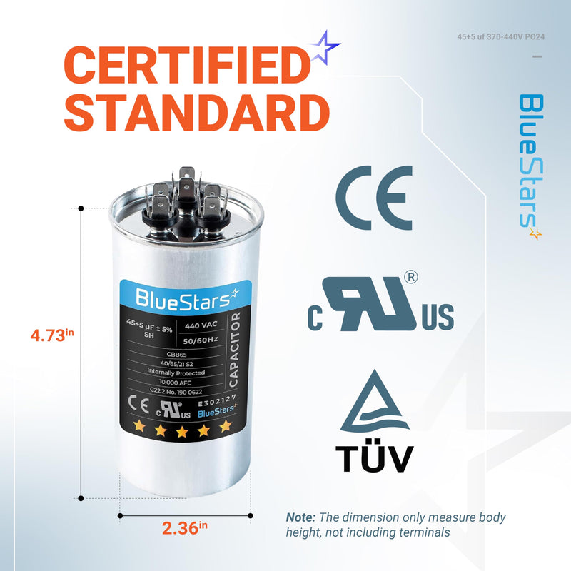 [UL Certified] BlueStars 2 Packs 45+5 uF 45/5 MFD 370V or 440V Round Dual Circular Run Capacitor CBB65 50/60 Hz - Compatible for AC Motor Run or Fan Start or Condenser Straight 45+5 MFD