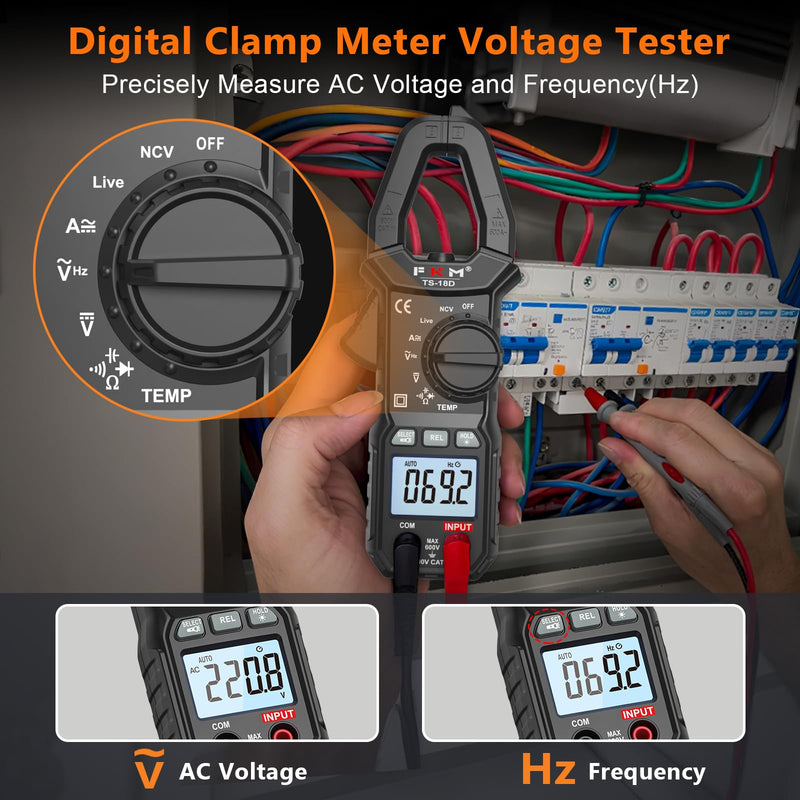[Australia - AusPower] - FKM AC/DC Amp Clamp Meter Multimeter Tester TRMS 6000 Counts Auto-ranging Smart Digital Voltage Tester,for AC/DC Current/Voltage,NCV Detection,Capacitance,Resistance,Ohm,Continuity,Diode,Hz,Temp Test Black-(AC/DC Current)Clamp Meter 
