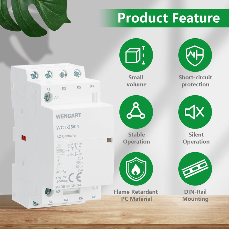 Wengart Humm-Free Installation Contactor 25A AC 230V - 4NC (4 Openers) - Silent Contactor for Load Drop & Night Storage Heating - 36 mm Width (2 TE) - DIN Rail Mounting - WCT-25
