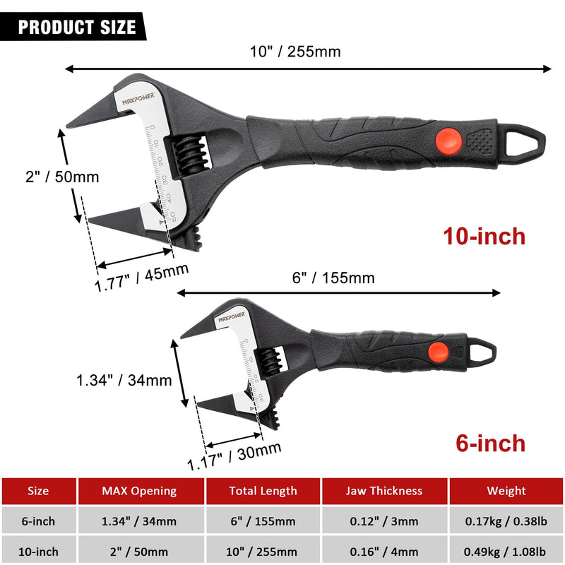 MAXPOWER Slim Adjustable Wrench Set, 6" & 10" Wide Jaw Opening, Dual Scale With Metric and SAE Plumbing Wrenches, Deep Jaw With Soft Grip Handle 6" 10"