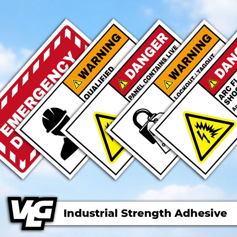 Electrical Panel Safety Labels Kit – Arc Flash Warning, Emergency Disconnect, Lockout Tagout & Qualified Personnel Signs – ANSI-Style Industrial Vinyl Decals – 5 Pack