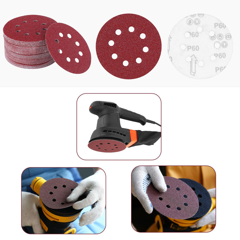 Pack of 100 Sandpaper 125 mm, Sanding Discs 8 Holes, P40/P60/P80/P120/P180/P240/P320/P400 Eccentric Round Sandpaper Pack of 100 mixed grit