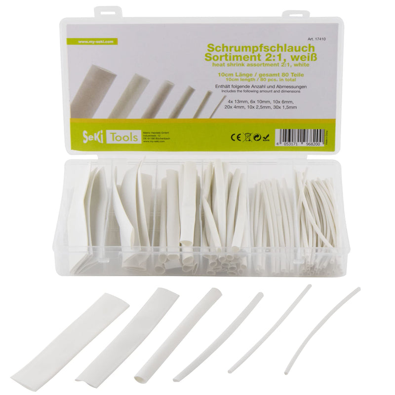 SeKi 17410 2:1 Parts White Heat Shrink Tubing Assortment 80-Piece in 6 Sizes (30 x 1, 10 x 2.5 mm, 20 x 4 mm, 10 x 6 mm, 6 x 10 mm, 4 x 13 mm) Each 10 cm Long, White