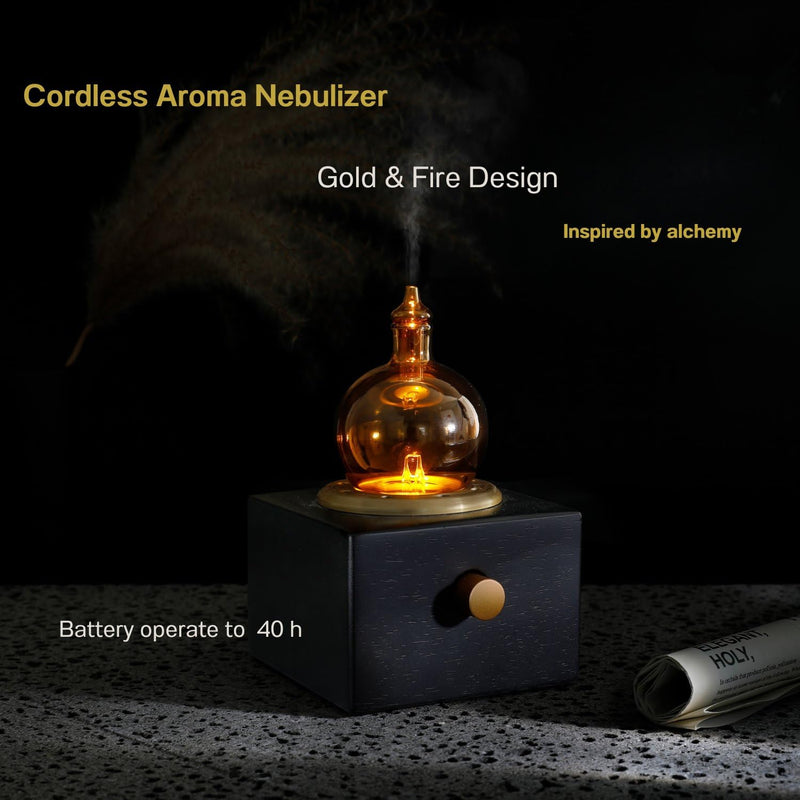 Cordless Aroma Oil Nebulizer - Waterless Diffuser for Essential Oil with Glass & Wood, Rechargeable Portable Nebulizing Machine, Battery Operated up to 40h - Gold & Fire Original Design No Scents Included