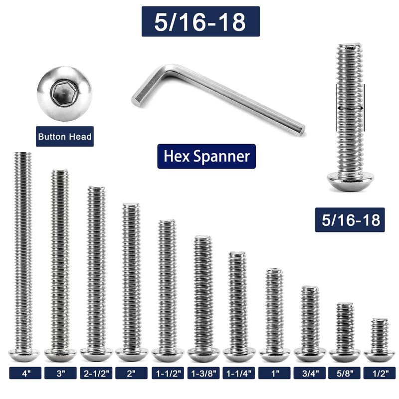 5/16-18 x 4" Button Head Socket Cap Bolts Screws, 20Pcs 304 Stainless Steel 18-8, Allen Hex Drive, Bright Finish by SG TZH(with Hex Spanner) 20 5/16-18 x 4"