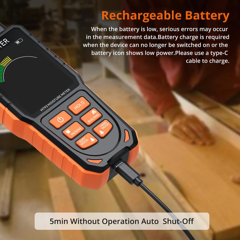 [Australia - AusPower] - Proster Rechargeable Moisture Meter with Tri-Colour Display – Wall Damp Meter with Visual & Sound Alerts, Professional Damp Detector for Timber, Walls, Cement, and Building Materials Rechargeable Pin Moisture Meter 