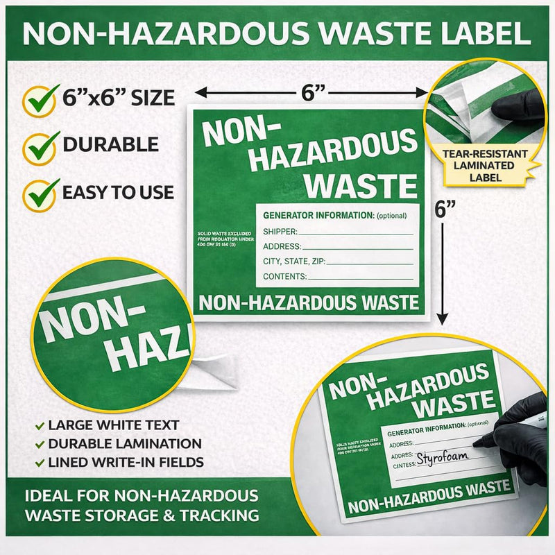 Non-Hazardous Waste Labels, 6 x 6 inches, Green/White, Self-Adhesive Vinyl, Pack of 25
