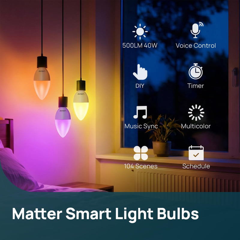 Linkind Matter Smart Light Bulbs, E12 Led Bulb Compatible with Alexa, 500LM Smart Bulbs for Chandelier, Color Changing RGBTW Candelabra Bulbs, 2.4Ghz WiFi Only, 8 Pack