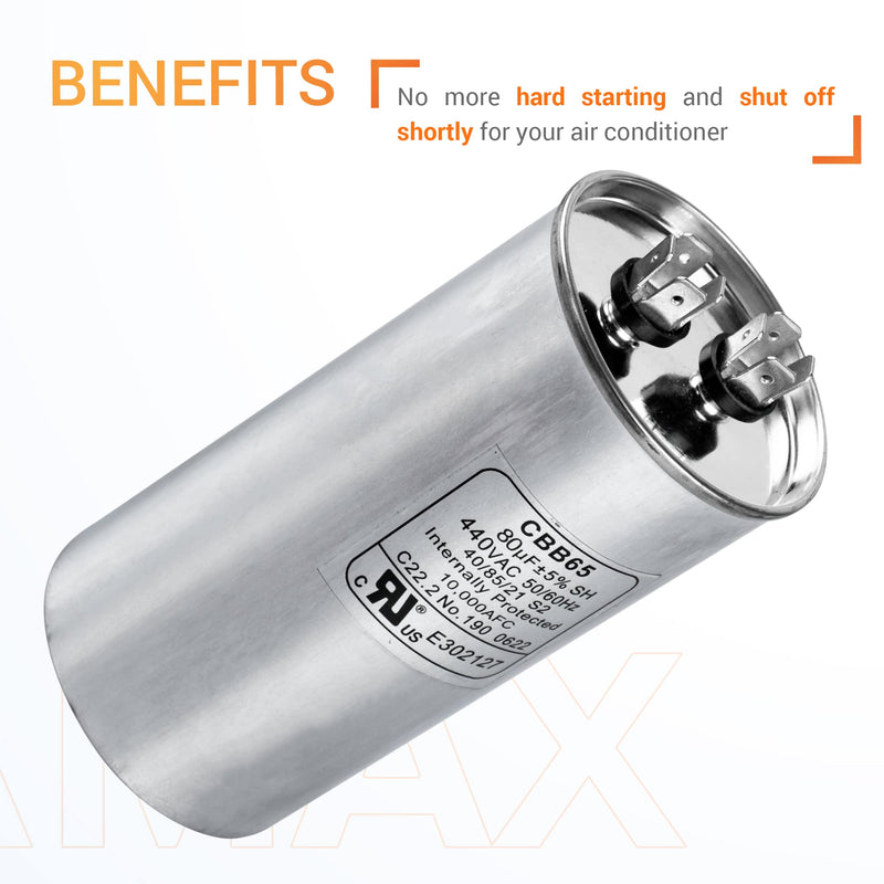 80 uF ± 5% 80 MFD 370-440 VAC (3~80 uF Options Available) CBB65 Run Start Capacitor 50/60 Hz AC Electric - Compatible with Single Phase Motor Capacitors Condenser Straight Cool or Air Conditioner 80uf